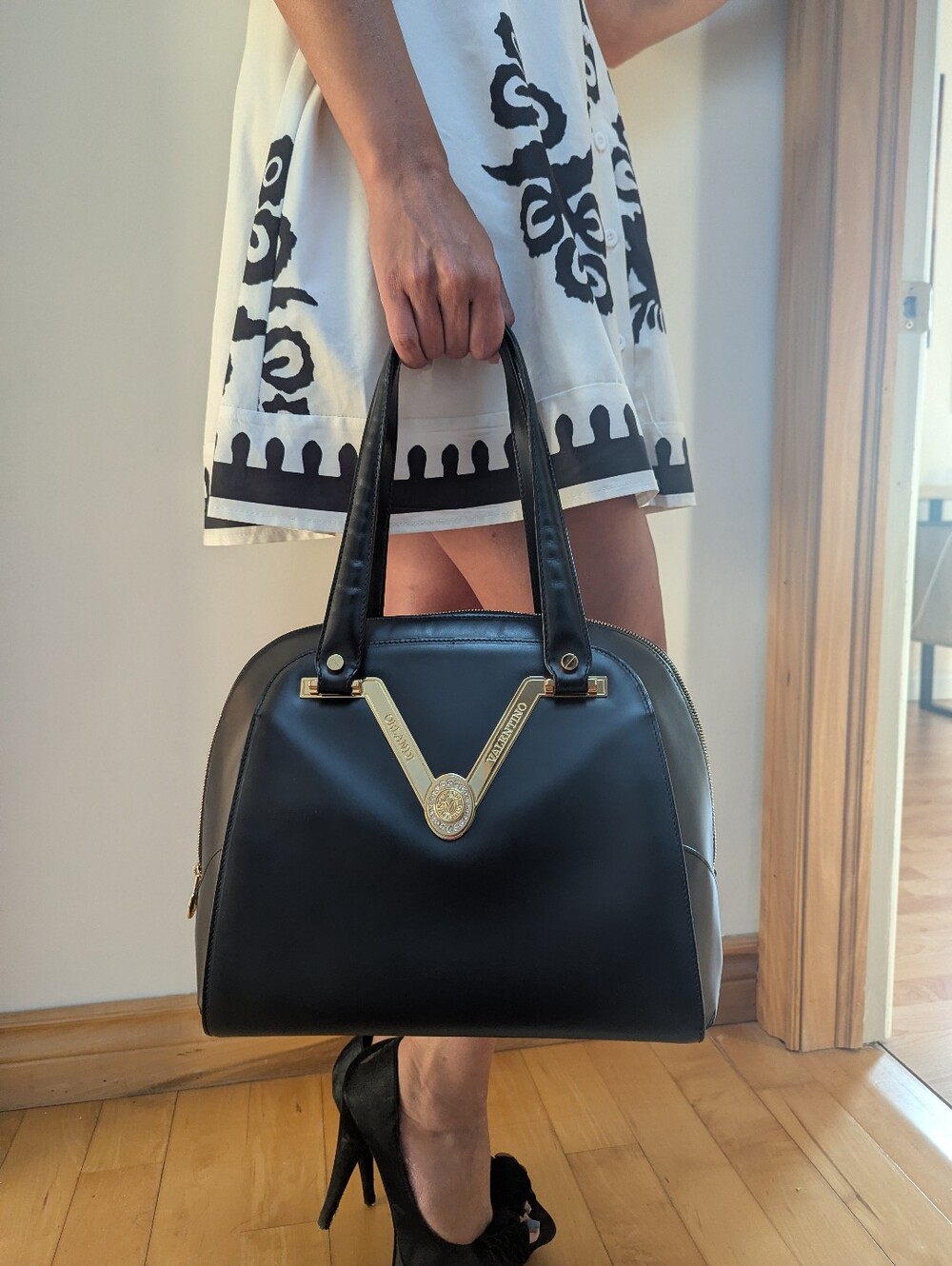 VALENTINO Orlandi Black Leather Women's Satchel Handbag with Gold Accents